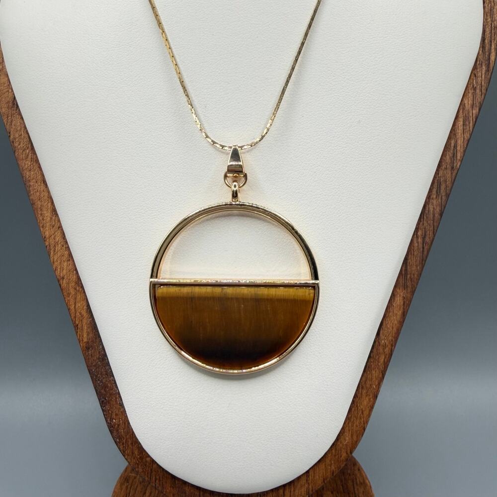 Gold Tone Tiger Eye Circle Pendant Necklace | Geometric Statement | 11” Drop